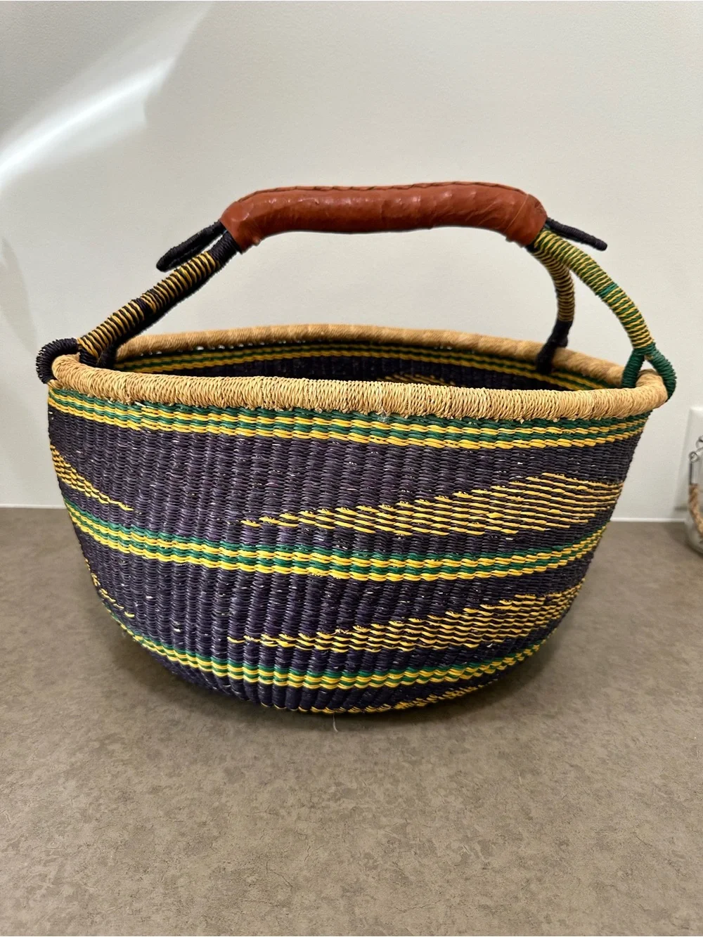 Large Bolga Basket Woven Striped Storage Basket Leather Handle Multicolor Ghana
